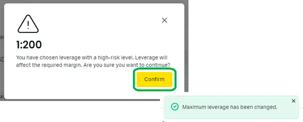 更改 Exness 杠杆说明 - 第五步，风险警告及接受新杠杆金额