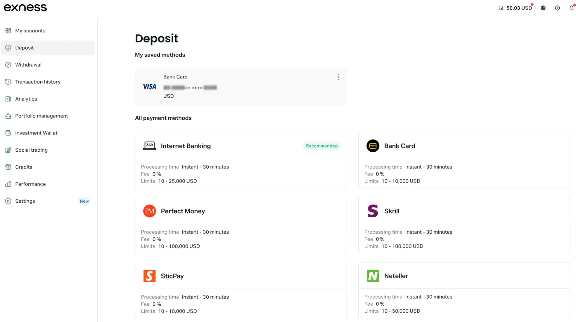 Exness 不同的支付方式